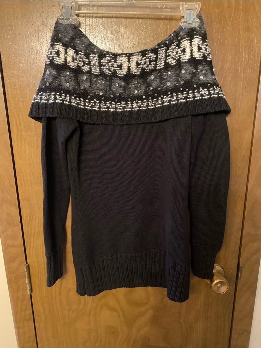 White House Black Market Black Off-the-Shoulder Sweater with Fair Isle Foldover